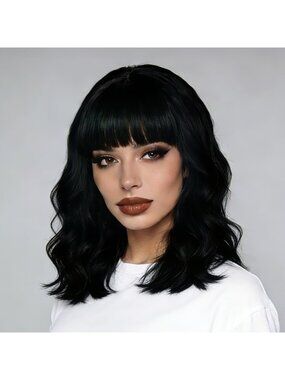Women's Black Soft Short Bob Style Synthetic Shoulder Length Curly Wigs